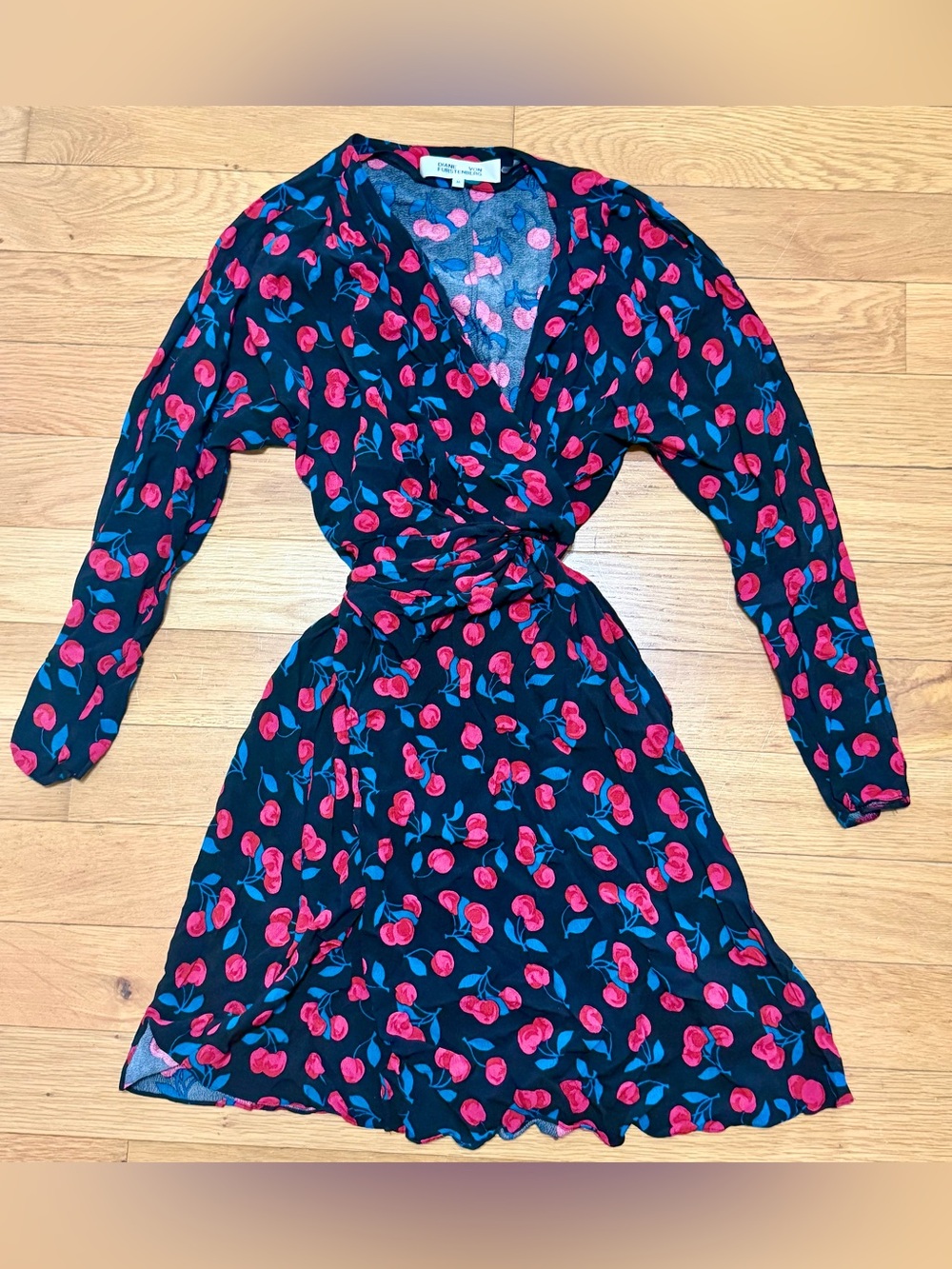 Diane von Furstenberg Long Sleeve Shia Mini Wrap Dress Cherry Bomb Novelty Print